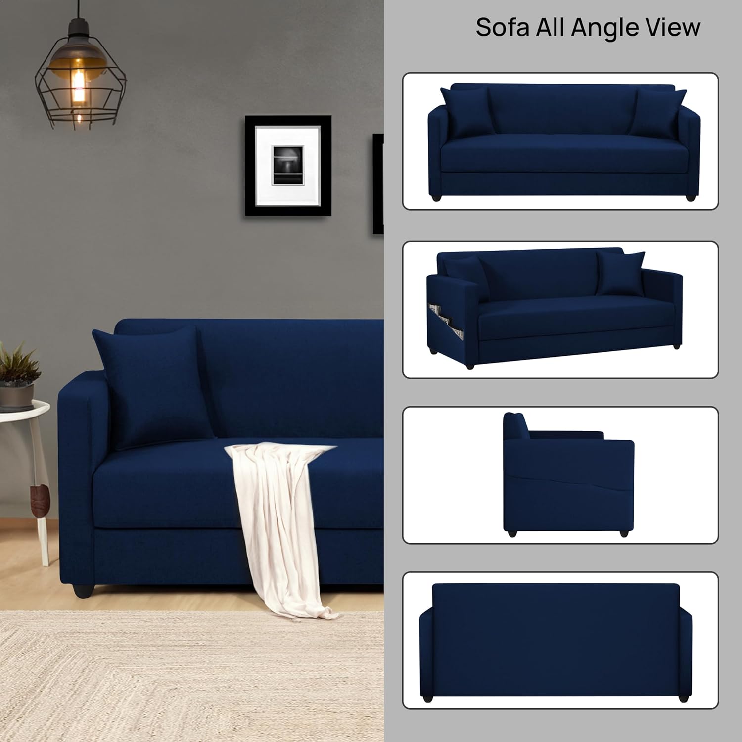 Elma Three Seater Sofa in Fabric-Blue